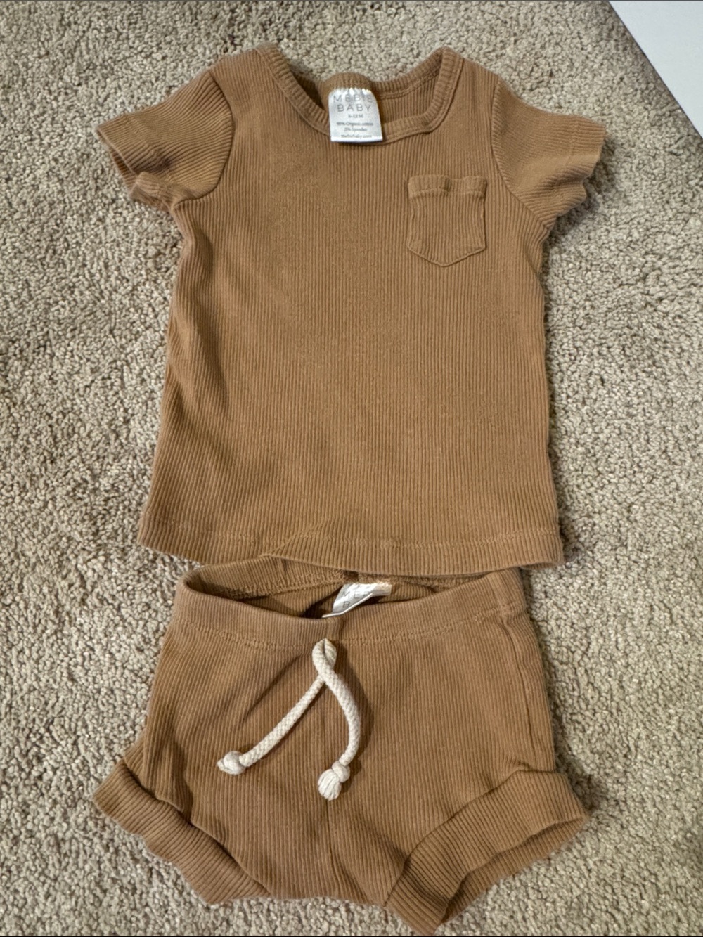 Ribbed Short Sleeve Top & Drawstring Shorts Set - Brown